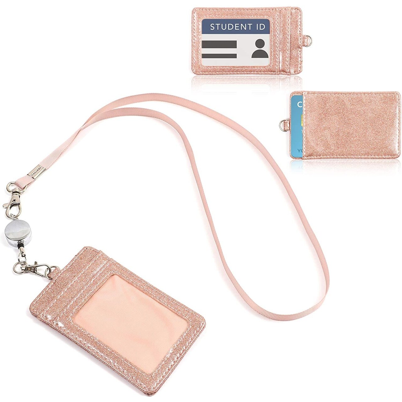 Retractable Rose Gold Glitter Badge Holder with 2 Card Slots and Lanyard (4.9 x 2.75 In)